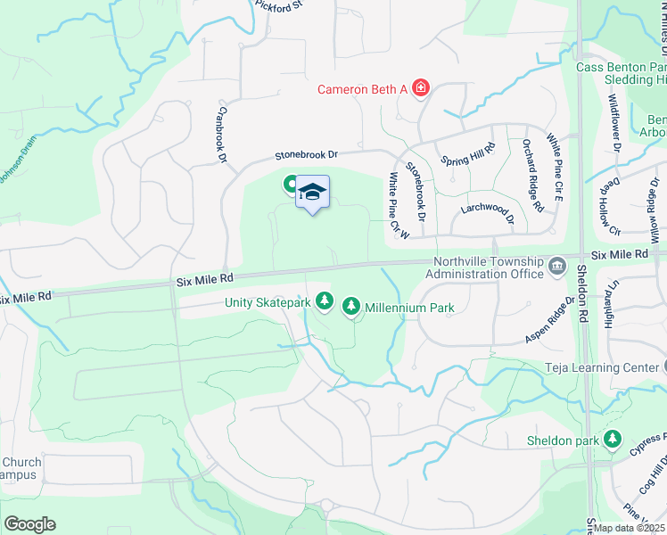 map of restaurants, bars, coffee shops, grocery stores, and more near 45745 Six Mile Road in Northville