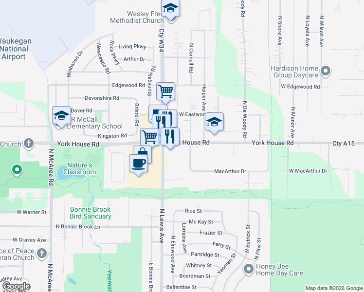 map of restaurants, bars, coffee shops, grocery stores, and more near 1713 York House Road in Waukegan