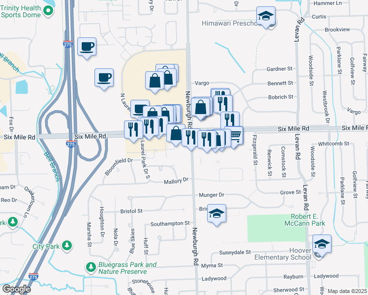 map of restaurants, bars, coffee shops, grocery stores, and more near 17001 Newburgh Road in Livonia