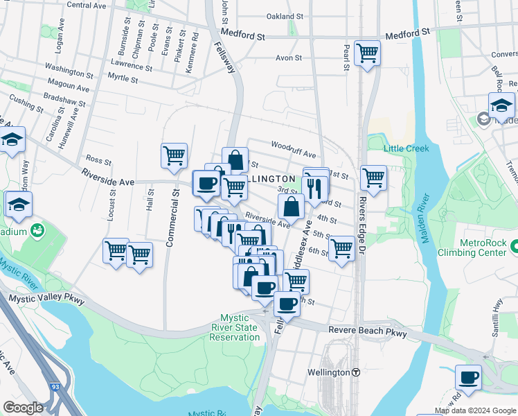 map of restaurants, bars, coffee shops, grocery stores, and more near 9 Saint James Road in Medford