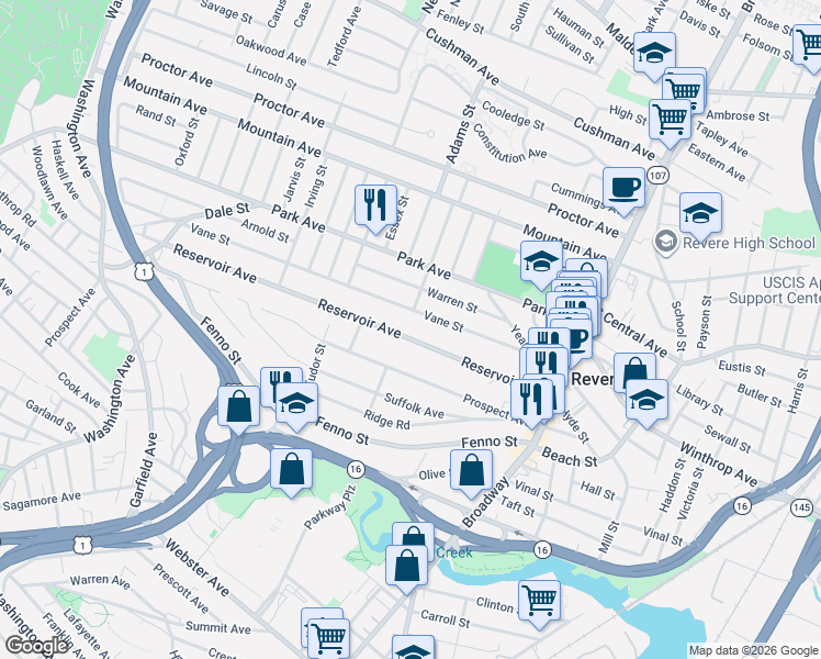map of restaurants, bars, coffee shops, grocery stores, and more near 154 Reservoir Avenue in Revere