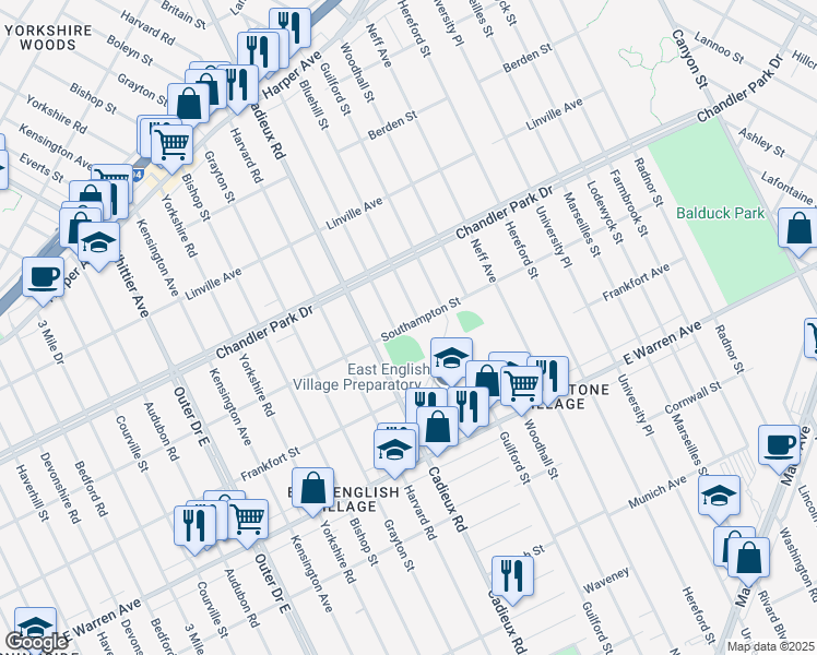 map of restaurants, bars, coffee shops, grocery stores, and more near 17200 Southampton Street in Detroit