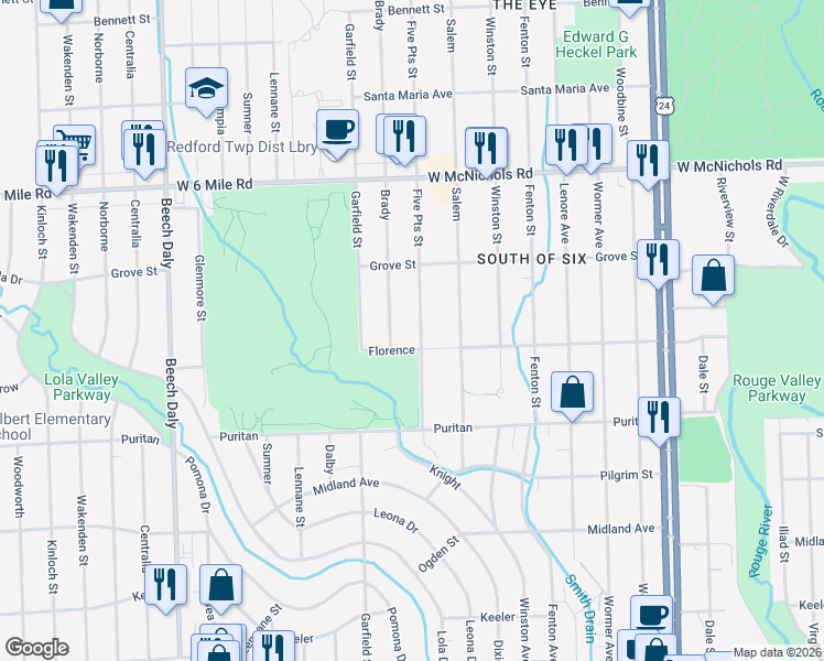 map of restaurants, bars, coffee shops, grocery stores, and more near 16531 5 Points Street in Redford Charter Township