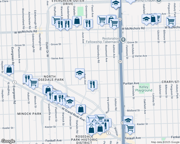map of restaurants, bars, coffee shops, grocery stores, and more near 16191 Greenview Avenue in Detroit