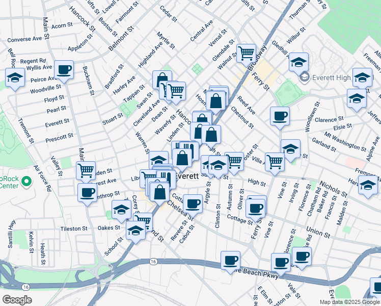 map of restaurants, bars, coffee shops, grocery stores, and more near 524 Broadway in Everett