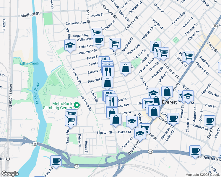 map of restaurants, bars, coffee shops, grocery stores, and more near Winslow Street in Everett