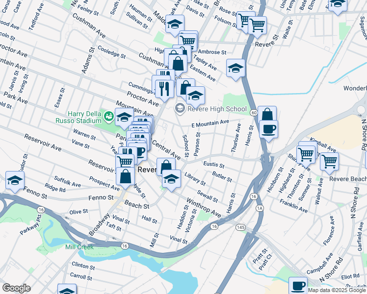 map of restaurants, bars, coffee shops, grocery stores, and more near 230 Beach Street in Revere