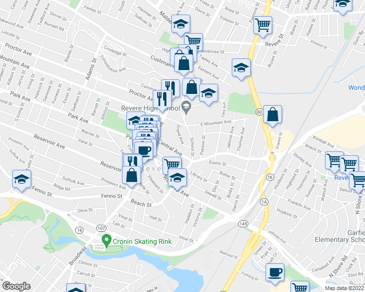 map of restaurants, bars, coffee shops, grocery stores, and more near 65 Central Avenue in Revere