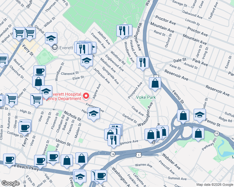 map of restaurants, bars, coffee shops, grocery stores, and more near 139 Dartmouth Street in Everett