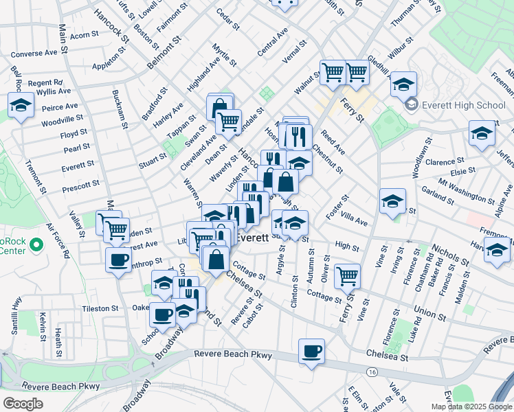 map of restaurants, bars, coffee shops, grocery stores, and more near 524 Broadway in Everett