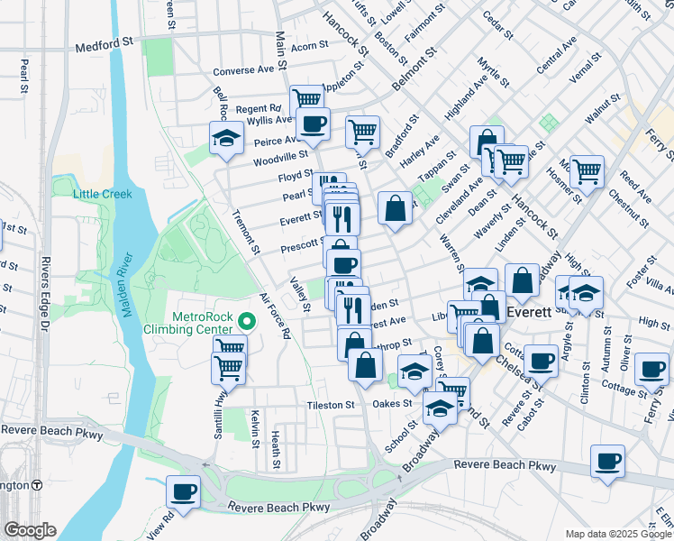 map of restaurants, bars, coffee shops, grocery stores, and more near 254 Main Street in Everett