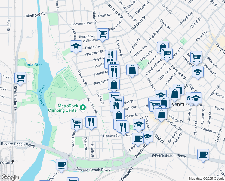 map of restaurants, bars, coffee shops, grocery stores, and more near 254 Main Street in Everett