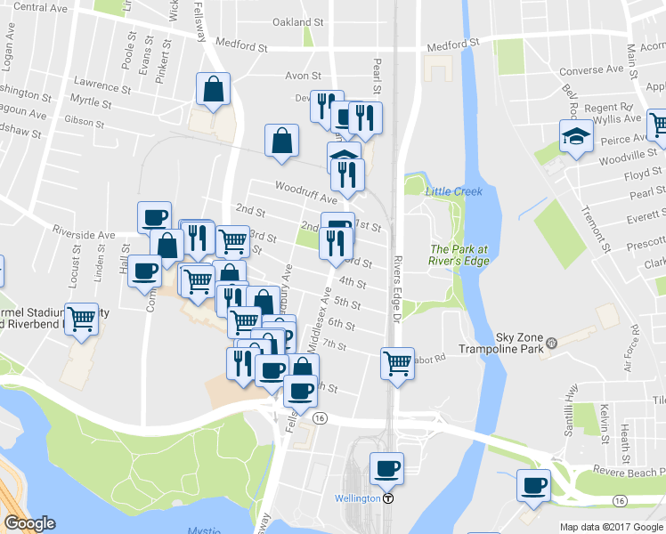 map of restaurants, bars, coffee shops, grocery stores, and more near 56 4th Street in Medford
