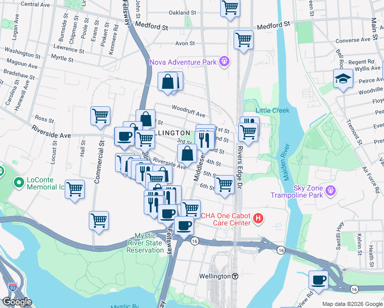 map of restaurants, bars, coffee shops, grocery stores, and more near 56 4th Street in Medford