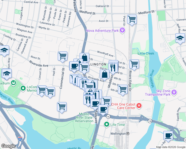 map of restaurants, bars, coffee shops, grocery stores, and more near 530 Riverside Avenue in Medford