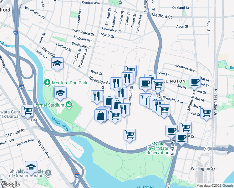 map of restaurants, bars, coffee shops, grocery stores, and more near 20 Hall Street in Medford