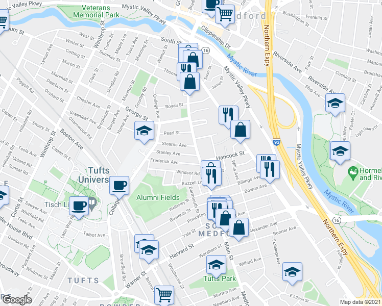 map of restaurants, bars, coffee shops, grocery stores, and more near 16 Stanley Avenue in Medford