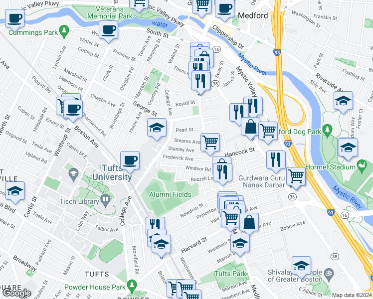 map of restaurants, bars, coffee shops, grocery stores, and more near 61 Frederick Avenue in Medford