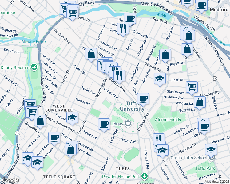 map of restaurants, bars, coffee shops, grocery stores, and more near 220 Packard Avenue in Medford