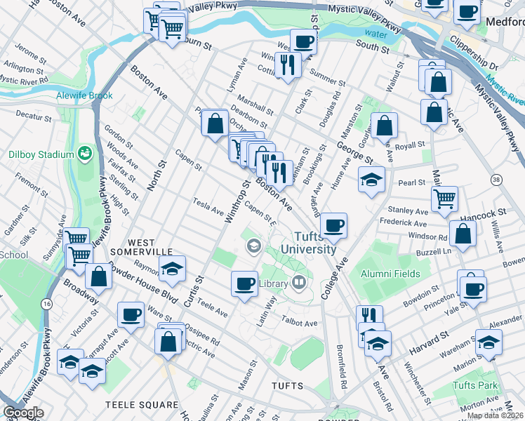 map of restaurants, bars, coffee shops, grocery stores, and more near 220 Packard Avenue in Medford