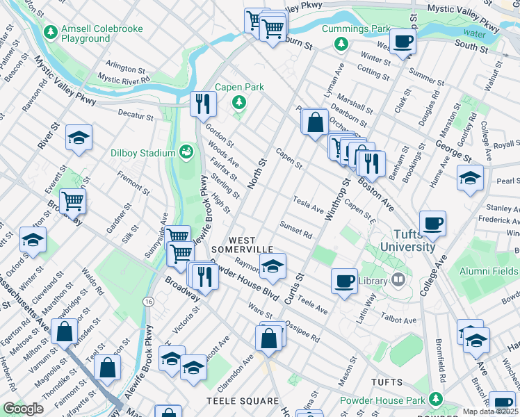 map of restaurants, bars, coffee shops, grocery stores, and more near 106 Adams Street in Somerville