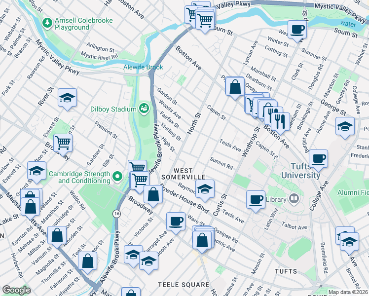 map of restaurants, bars, coffee shops, grocery stores, and more near 121 North Street in Somerville
