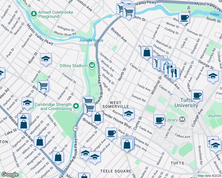 map of restaurants, bars, coffee shops, grocery stores, and more near 121 North Street in Somerville