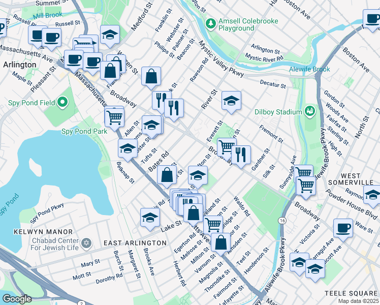 map of restaurants, bars, coffee shops, grocery stores, and more near 80 Everett Street in Arlington