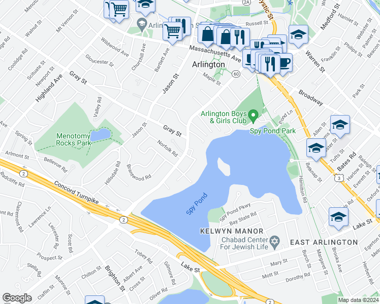map of restaurants, bars, coffee shops, grocery stores, and more near 176 Pleasant Street in Arlington