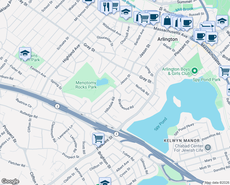 map of restaurants, bars, coffee shops, grocery stores, and more near 3 Pleasant View Road in Arlington