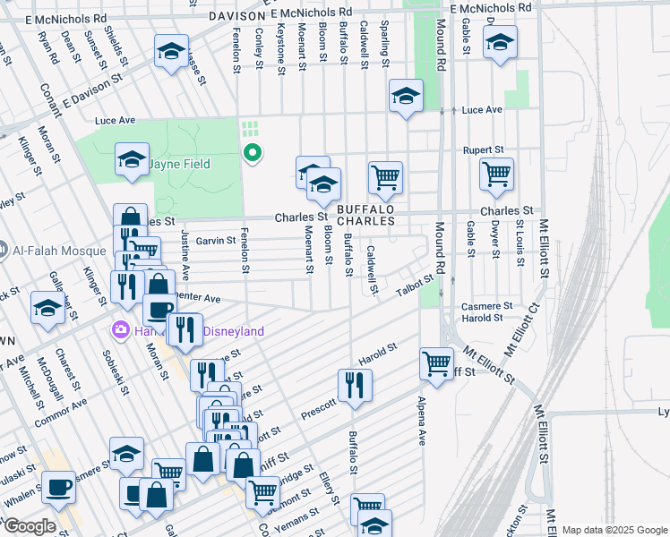 map of restaurants, bars, coffee shops, grocery stores, and more near 11965 Buffalo Street in Hamtramck