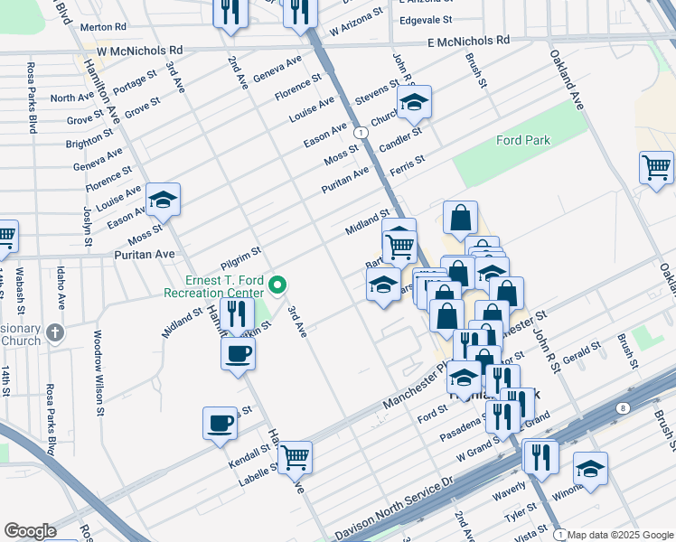 map of restaurants, bars, coffee shops, grocery stores, and more near 15051 2nd Avenue in Highland Park