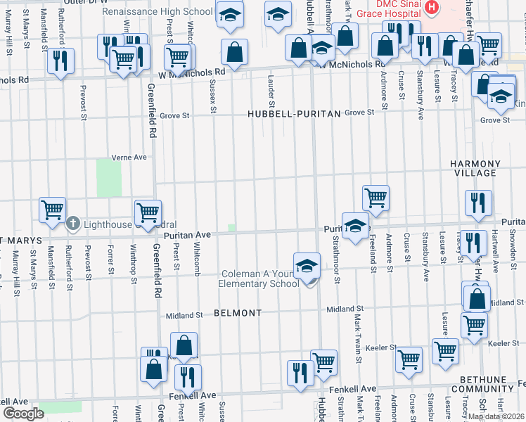 map of restaurants, bars, coffee shops, grocery stores, and more near 16127 Robson Street in Detroit