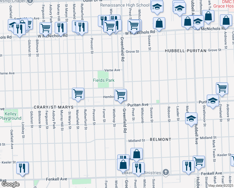 map of restaurants, bars, coffee shops, grocery stores, and more near 16147 Winthrop Street in Detroit