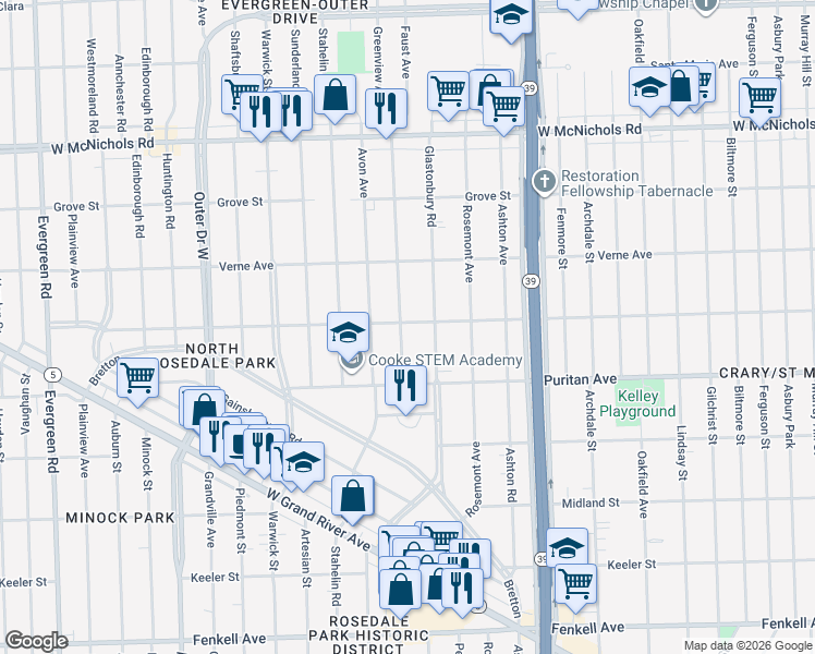 map of restaurants, bars, coffee shops, grocery stores, and more near 16185 Glastonbury Road in Detroit