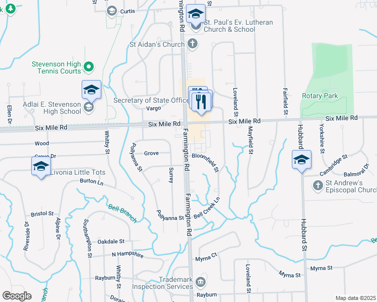 map of restaurants, bars, coffee shops, grocery stores, and more near 16799 Farmington Srv Road in Livonia