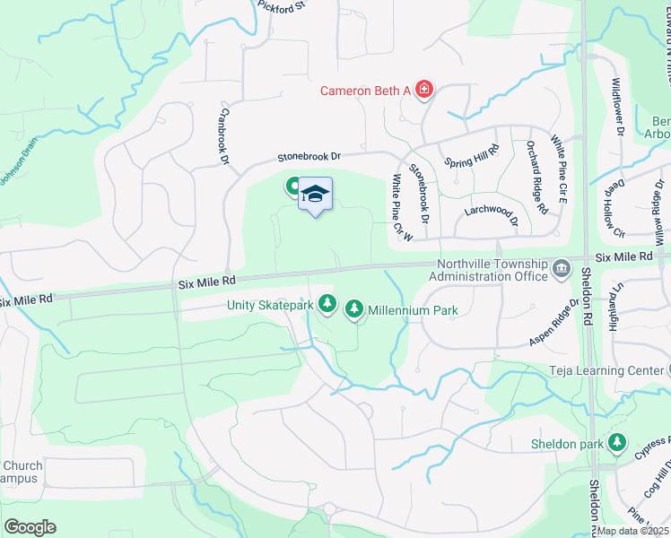 map of restaurants, bars, coffee shops, grocery stores, and more near 45745 Six Mile Road in Northville