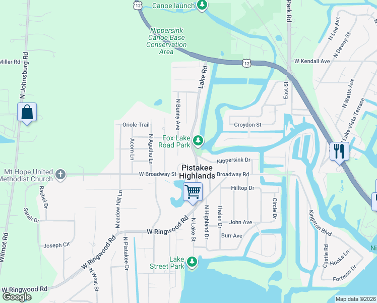 map of restaurants, bars, coffee shops, grocery stores, and more near 5617 Fox Lake Road in McHenry