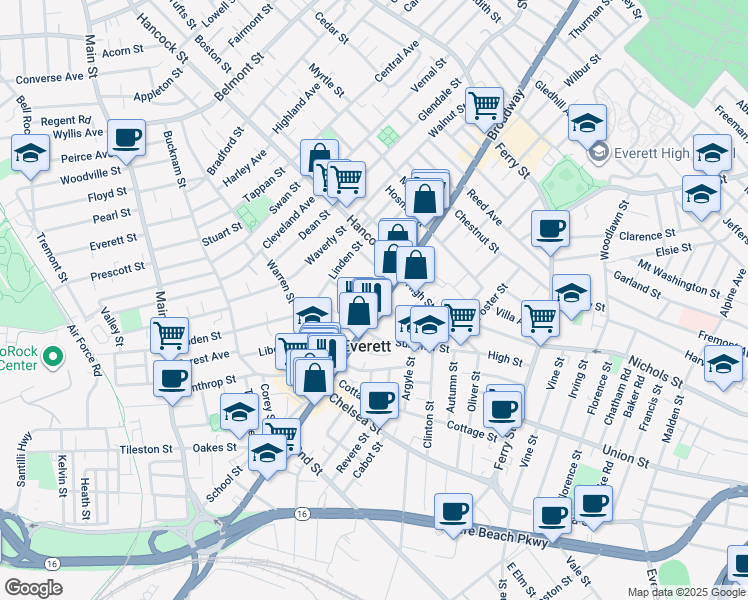 map of restaurants, bars, coffee shops, grocery stores, and more near 524 Broadway in Everett