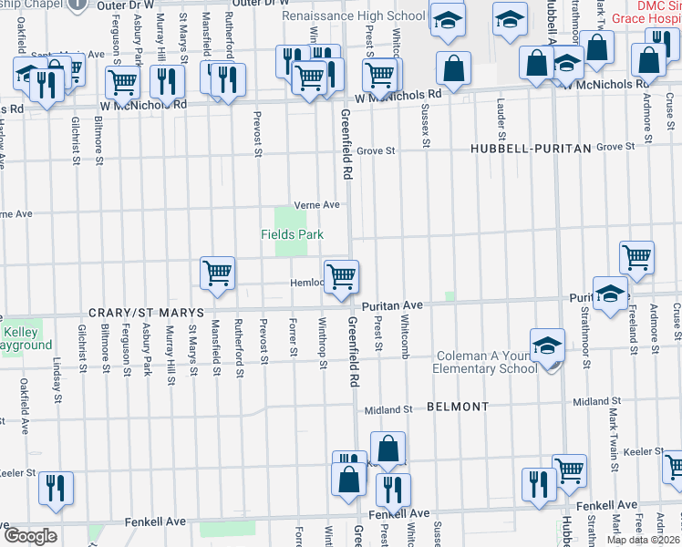 map of restaurants, bars, coffee shops, grocery stores, and more near 16140 Greenfield Road in Detroit