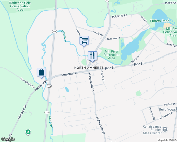 map of restaurants, bars, coffee shops, grocery stores, and more near 22 Meadow St in Amherst