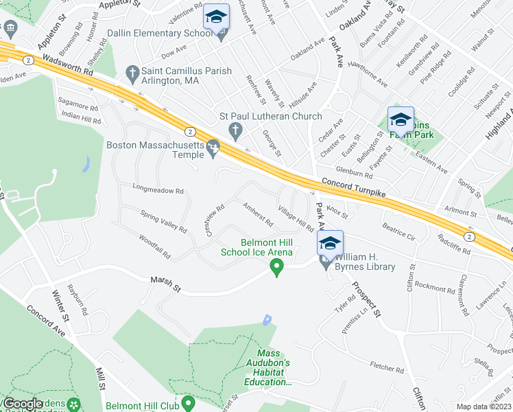 map of restaurants, bars, coffee shops, grocery stores, and more near 40 Amherst Road in Belmont