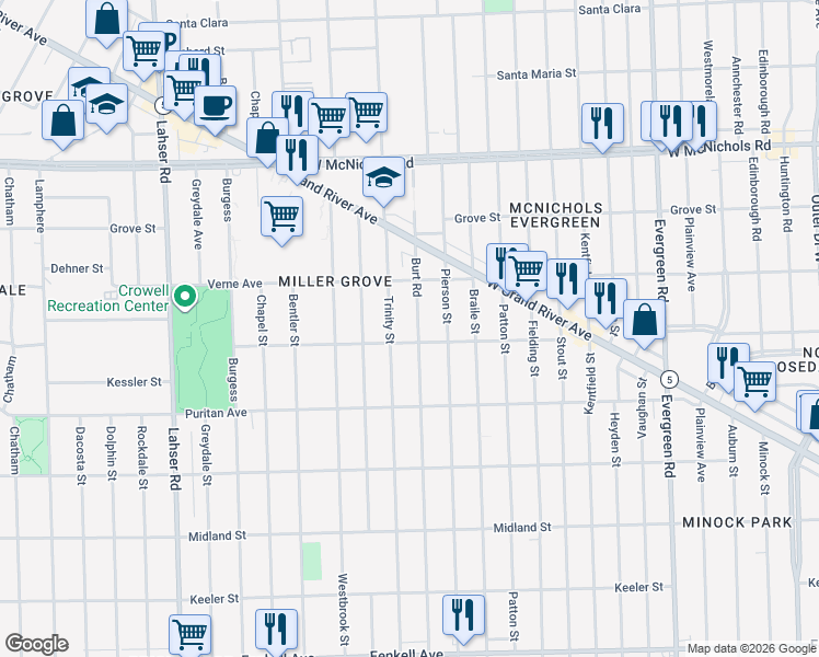 map of restaurants, bars, coffee shops, grocery stores, and more near 16216 Trinity Street in Detroit