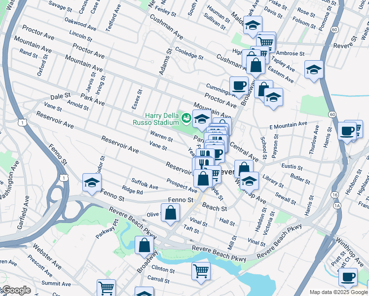 map of restaurants, bars, coffee shops, grocery stores, and more near 39 Vane Street in Revere