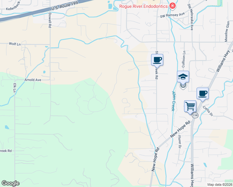 map of restaurants, bars, coffee shops, grocery stores, and more near 2318 SW Allen Creek Rd in Grants Pass
