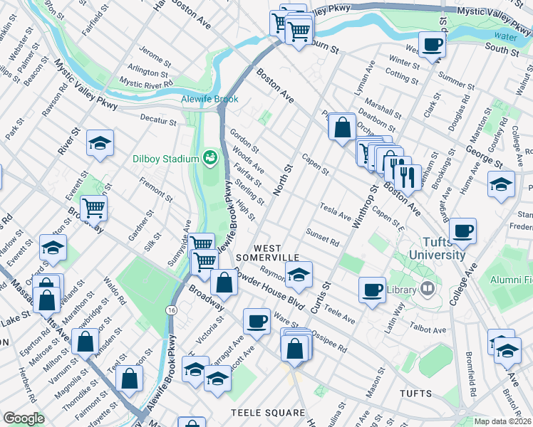 map of restaurants, bars, coffee shops, grocery stores, and more near 121 North Street in Somerville