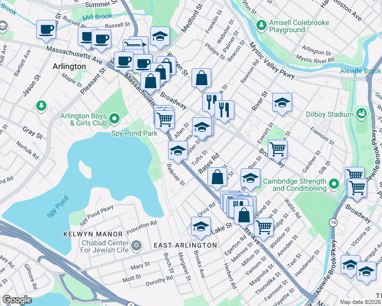map of restaurants, bars, coffee shops, grocery stores, and more near 295 Massachusetts Avenue in Arlington