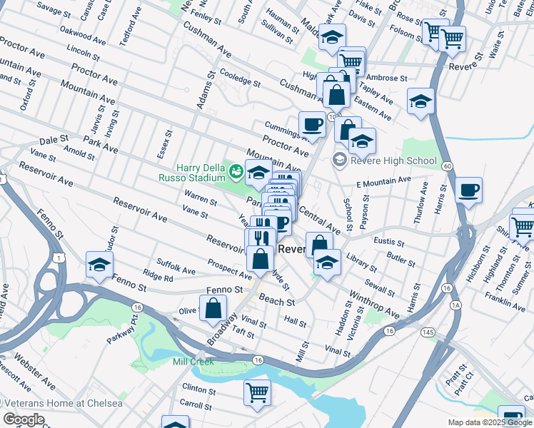 map of restaurants, bars, coffee shops, grocery stores, and more near in Revere