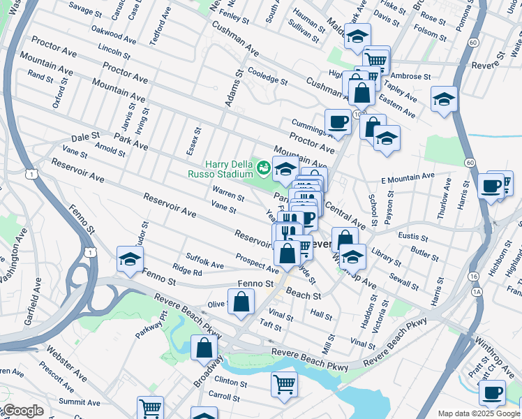 map of restaurants, bars, coffee shops, grocery stores, and more near 39 Vane Street in Revere