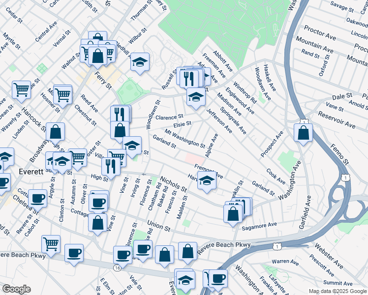 map of restaurants, bars, coffee shops, grocery stores, and more near 103 Garland Street in Everett